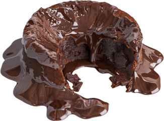 Molten chocolate lava cake with oozing center, cut out transparent
