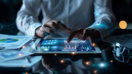 Naklejka premium A pair of hands interacts with a futuristic holographic touchscreen display.