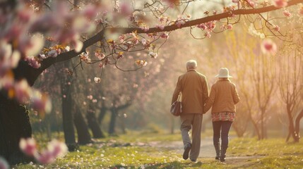 Affectionate elderly couple walking together in forest - obrazy, fototapety, plakaty