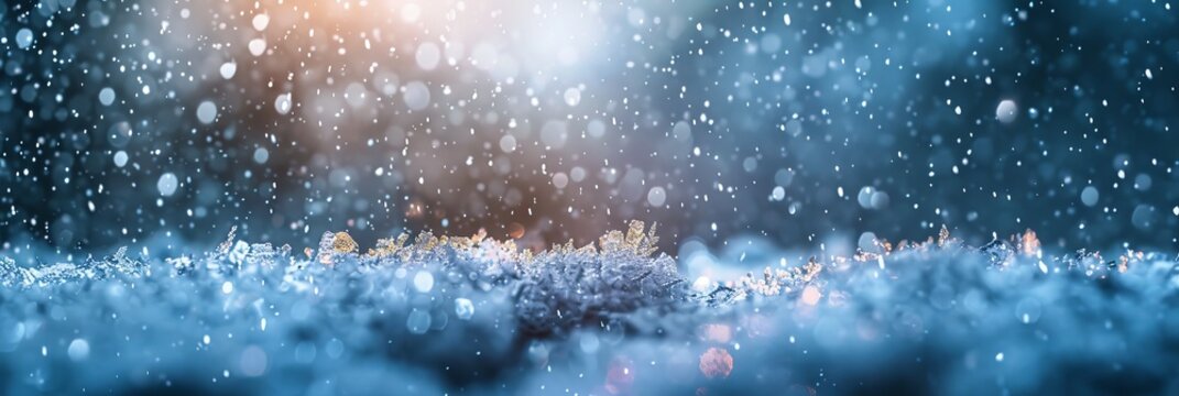Beautiful ultrawide background image of light snowfall falling over of snowdrifts. 