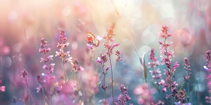 Beautiful wild flowers and butterfly in nature summer close-up macro. Delightful airy artistic image beauty summer nature.