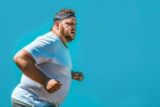 A man in a white shirt is running on a blue sky