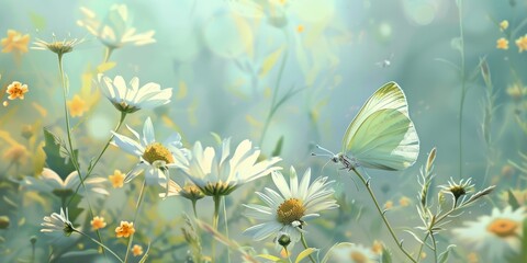 Fototapeta na wymiar Beautiful wild flowers daisies and butterfly in morning cool haze in nature spring close-up macro. Delightful airy artistic image beauty summer nature. 