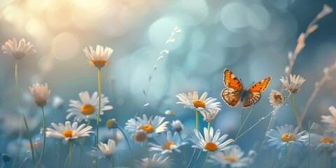 Fototapeta na wymiar Beautiful wild flowers and butterfly in nature summer close-up macro. Delightful airy artistic image beauty summer nature.