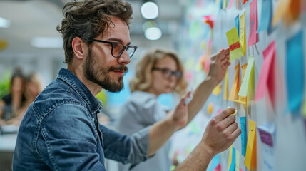 Team members engage with a colorful array of sticky notes on a wall. - obrazy, fototapety, plakaty