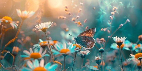 Beautiful wild flowers daisies and butterfly in morning cool haze in nature spring close-up macro. Delightful airy artistic image beauty summer nature. 