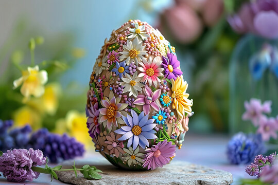 Decorative egg full of colorful flowers on a spring background.