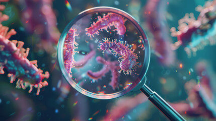 A magnifying glass reveals colorful, glowing bacteria against a dark background.