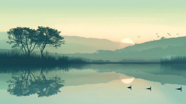 Tranquil landscape illustration, depicting the serene beauty of peaceful