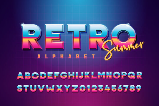 Retro summer font effect alphabet. Vibrant glow retro futurist typeface with 80s design. Metallic trendy colorful style