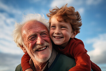 Joyful boy with his grandfather, sharing laughter under the open sky, capturing a family's loving bond.