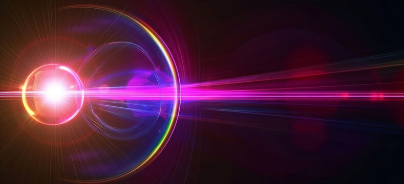 Bright neon light with lens flare effect on black background. Colorful streaks of light, vibrant colors on background