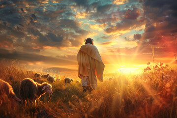 Jesus Christ standing in a meadow at sunset, a lamb hoisted on his shoulders