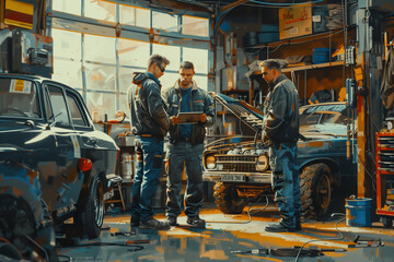 Three Men Working on Car in Garage - obrazy, fototapety, plakaty