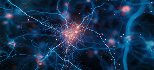 Abstract medical background. Neurons brain cells. Network of neurons in human brain. Microscope view of a cell