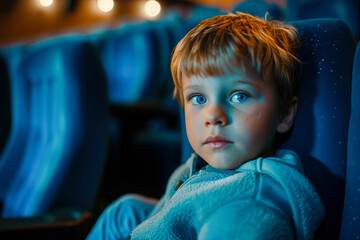 A young boy is sitting in a blue chair in a cinema - Powered by Adobe