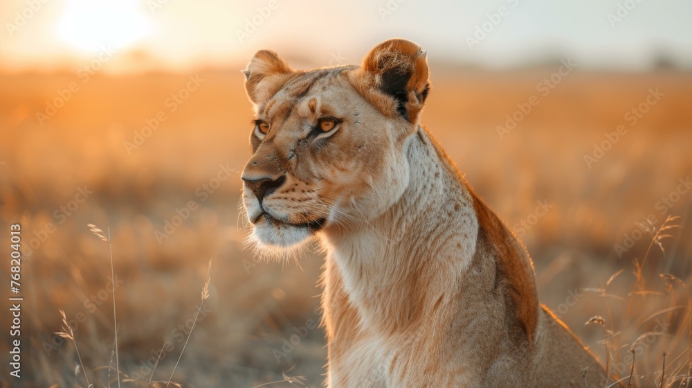 Poster a lion is sitting in the middle of a field with grass. generative ai.