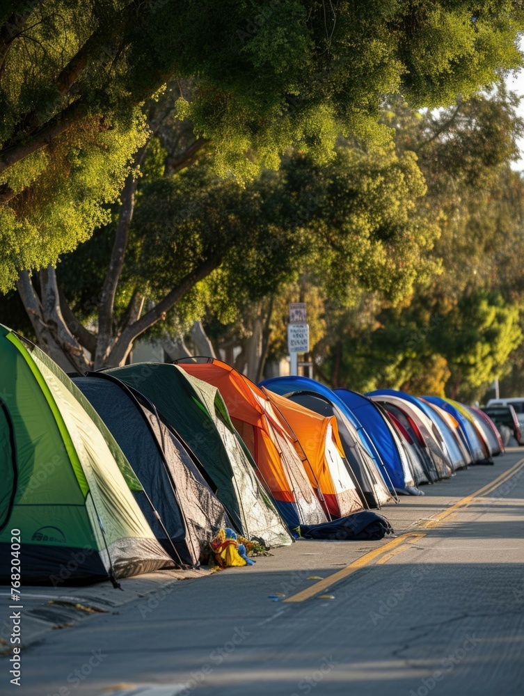 Poster a row of tents lined up on the side of a road. generative ai.