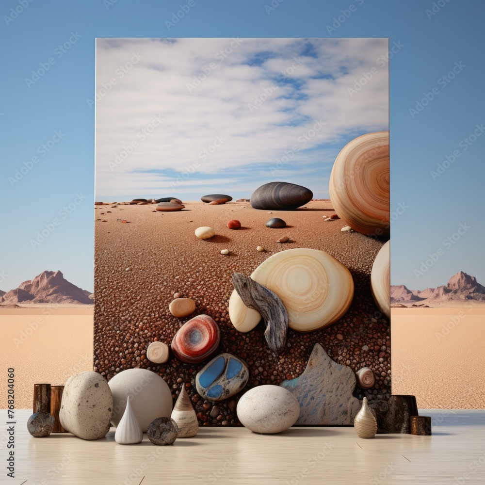 Poster a large painting of a desert scene with rocks and shells. generative ai.
