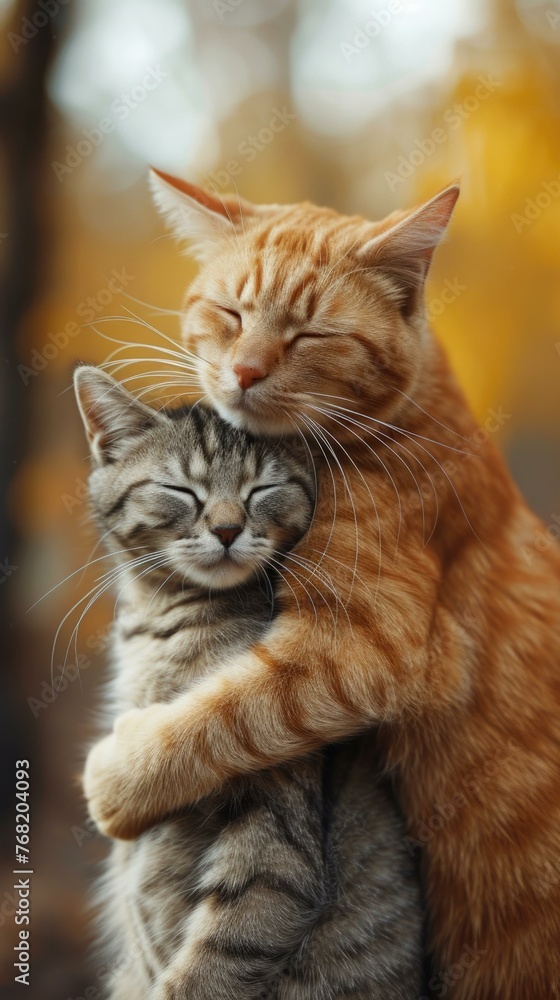 Poster A cat hugging another cat in a close embrace. Generative AI.