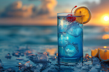 Refreshing Blue Lagoon cocktail with ice and a slice of lemon. - obrazy, fototapety, plakaty