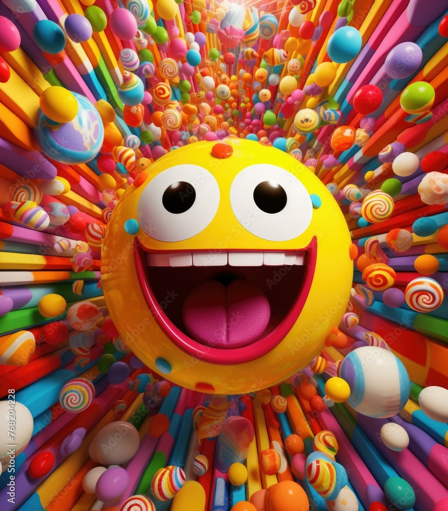 Poster a colorful background with a yellow smiley face surrounded by candy. generative ai.