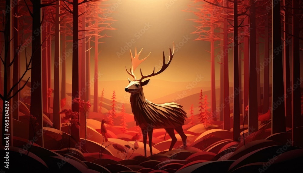 Poster a deer stands in a forest with red trees and sun. generative ai.