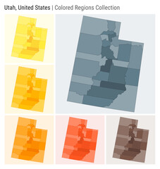 Utah, United States. Map collection. State shape. Colored counties. Blue Grey, Yellow, Amber, Orange, Deep Orange, Brown color palettes. Border of Utah with counties. Vector illustration.