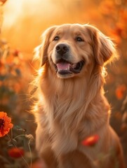 A dog is sitting in a field of flowers with orange and red leaves. Generative AI.