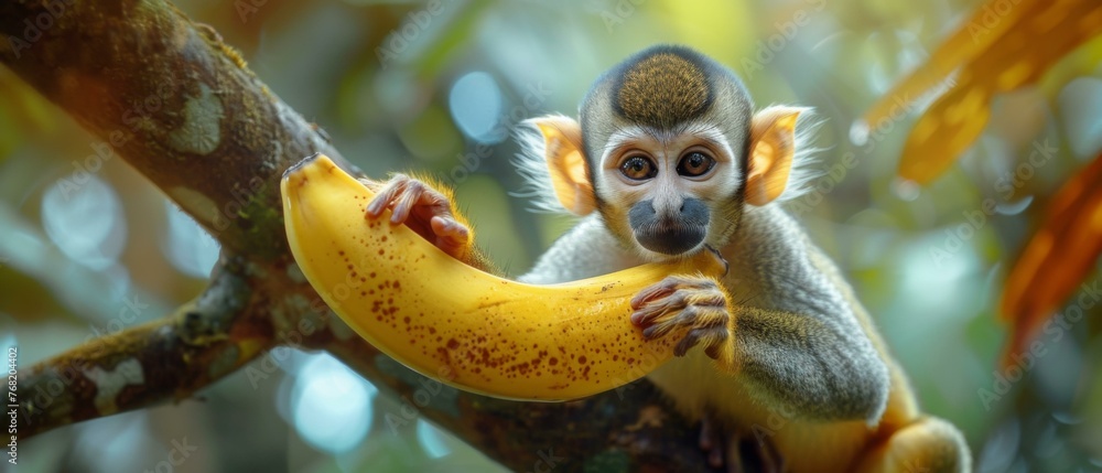 Poster a monkey is sitting on a tree branch eating a banana. generative ai.