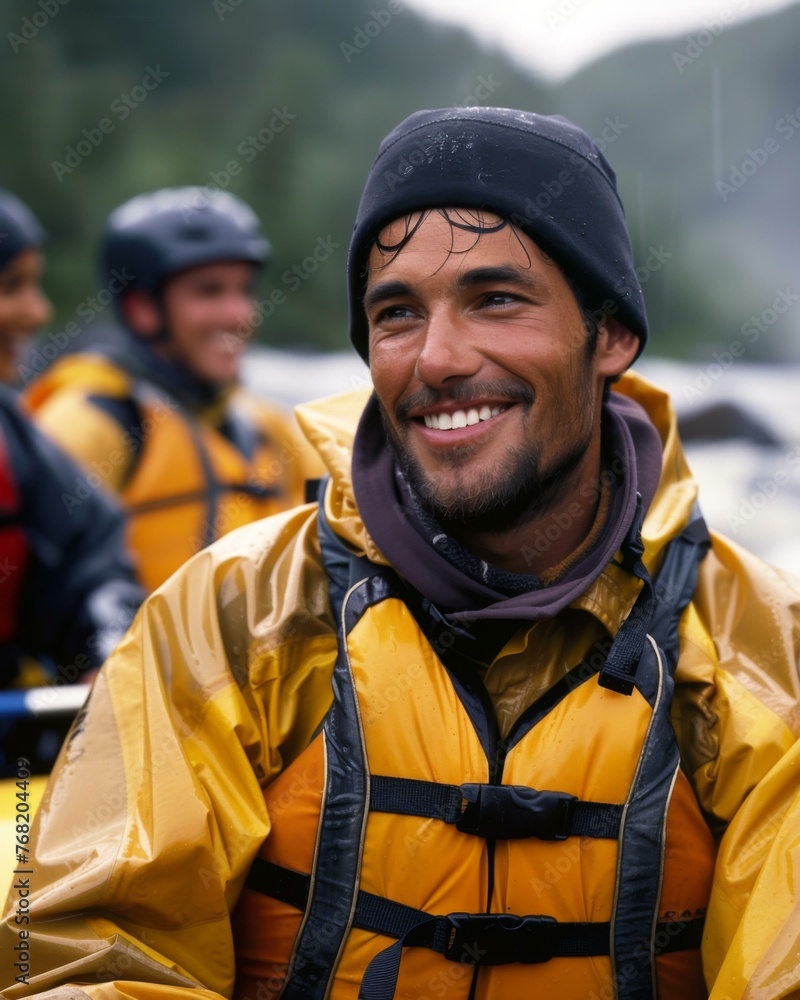 Poster a man in a yellow jacket smiling while riding on the back of an inflatable raft. generative ai.