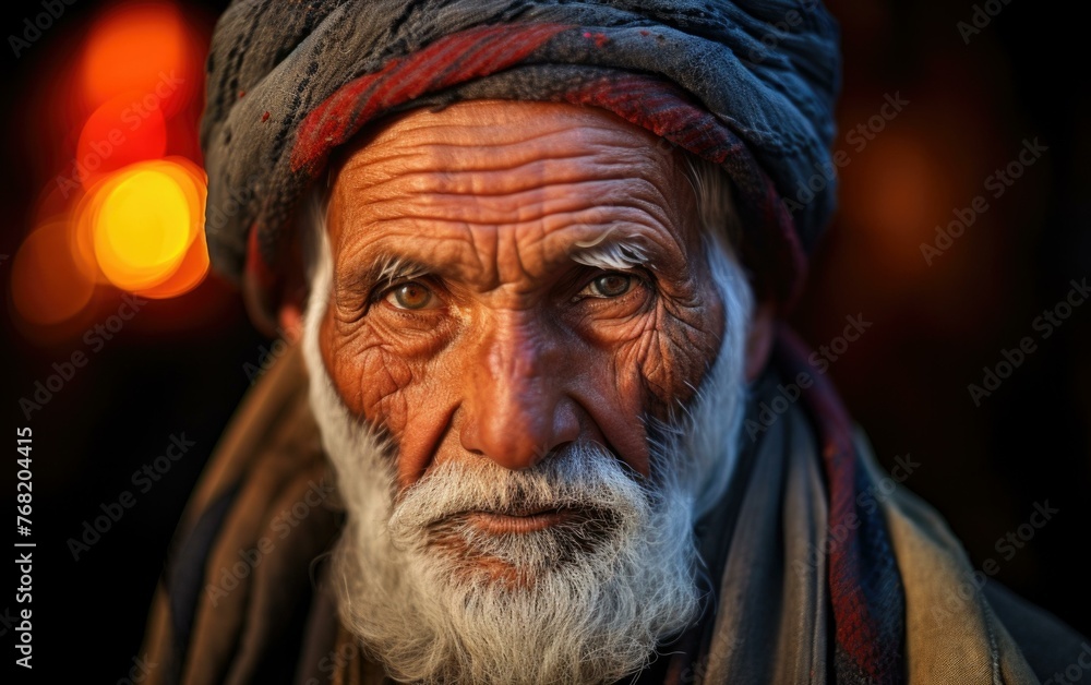 Poster an old man with a turban and beard in front of some lights. generative ai.