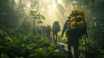 A group of people with backpacks walking through a jungle. Generative AI. - obrazy, fototapety, plakaty