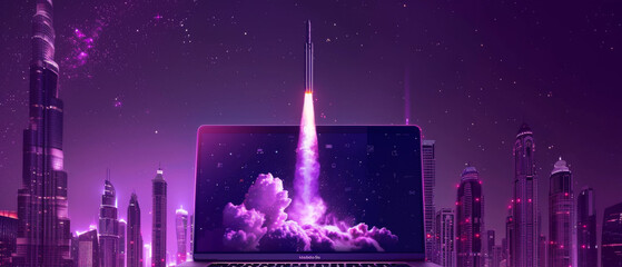 Laptop and Rocket in Front of a Blurred Dubai Skyline, Purple Theme
