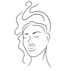 Woman face line art with free hair style. Minimalistic design. Vector hand drawn beauty fashion illustration for logo, cosmetics or makeup and t-shirt prints.