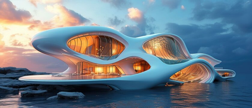 A futuristic house on the ocean with a curved roof. Generative AI.