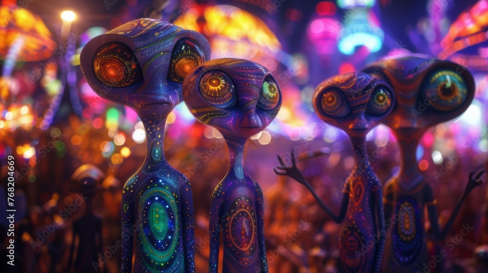 Aufkleber a group of alien looking creatures standing in a crowd. generative ai.