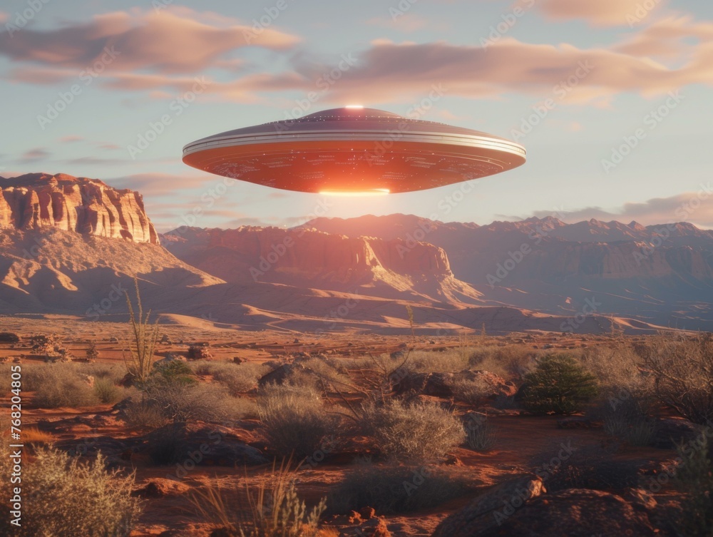 Poster a large flying object in the desert with mountains and trees. generative ai.