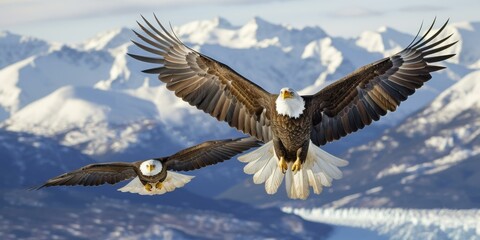 Naklejka premium Two bald eagles flying over a snowy mountain range with mountains in the background. Generative AI.