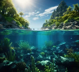 Gordijnen A view of a tropical island with coral reefs and underwater plants. Generative AI. © serg3d