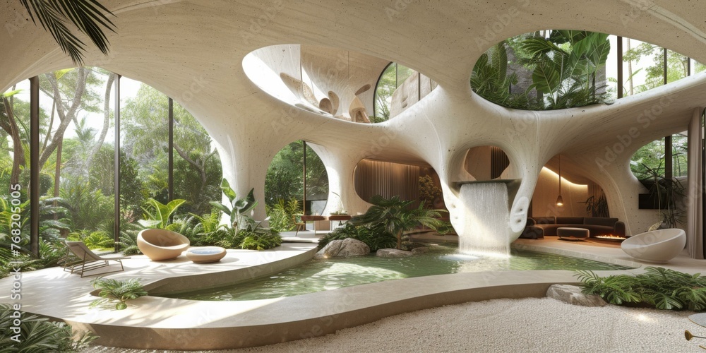 Aufkleber a modern house with a pool and waterfall in the middle of it. generative ai.