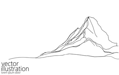 One continuous line mountain symbol. Simple linear drawing sketch. Travel winter sports concept background. Vector illustration