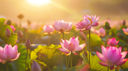 A field of lotus on lake with the sun shining