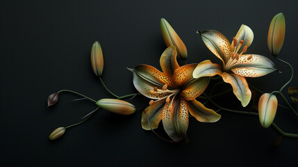 This is a captivating image of tiger lilies with a contemporary rendering on a dark background,...