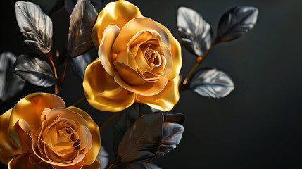 Stunning digital artwork featuring two golden roses with dark leaves against a dark background, conveying luxury and elegance
