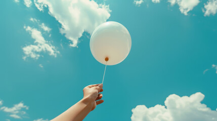 A hand holding a white balloon in the air