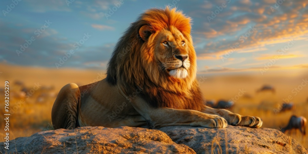 Poster a lion is sitting on top of a rock in the middle of an open field. generative ai.