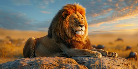 A lion is sitting on top of a rock in the middle of an open field. Generative AI. - Powered by Adobe