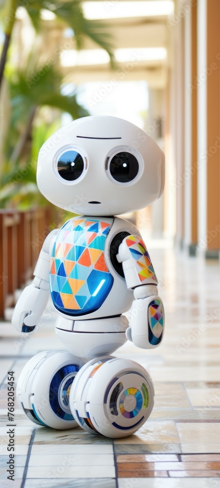 Poster a small white robot sitting on a tile floor in front of some plants. generative ai.