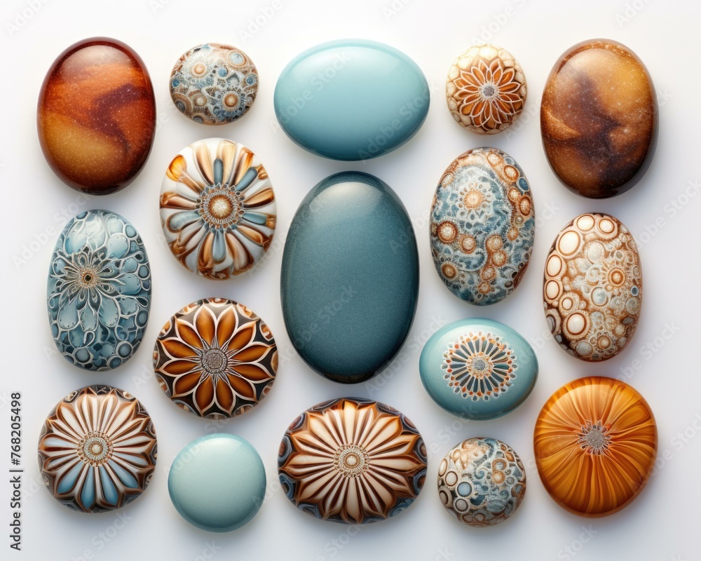 Poster a group of rocks with different designs and colors. generative ai.